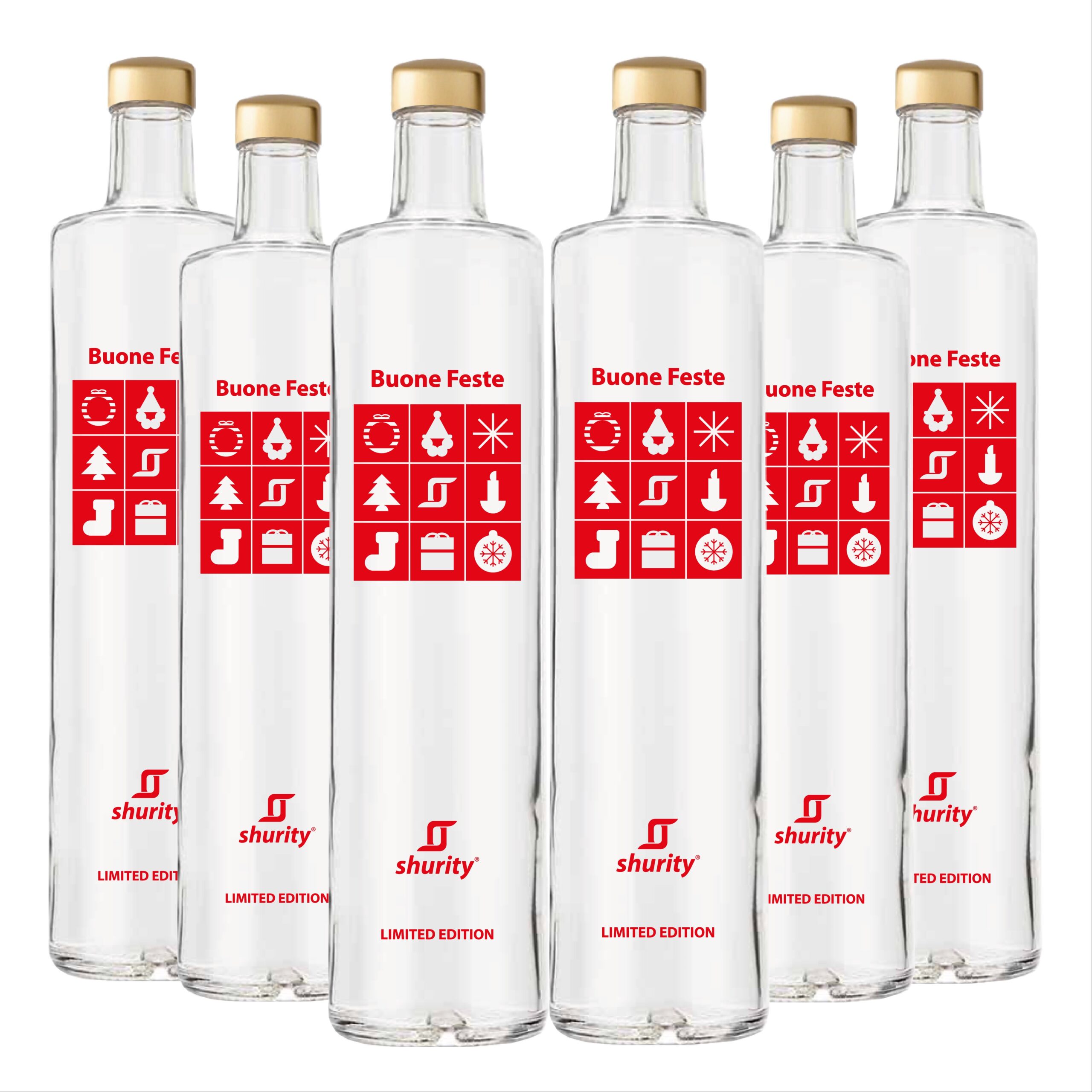 Pack 6pz. - Bottiglia Shurity Classic 75cl. Personalizzata Trasparente Christmas Limited Edition 2025 con Tappo Oro