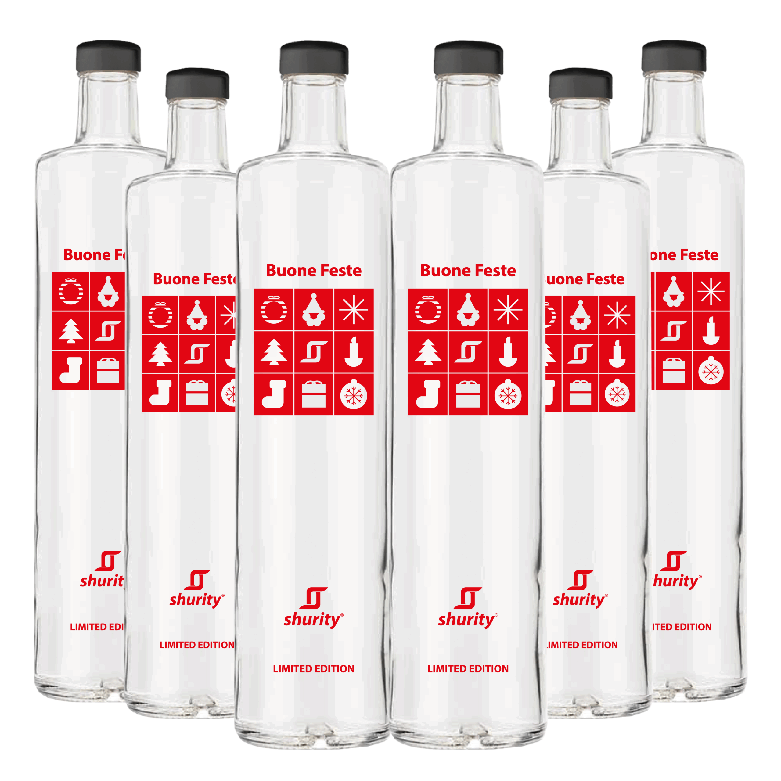 Pack 6pz. - Bottiglia Shurity Classic 75cl. Personalizzata Trasparente Christmas Limited Edition 2025 con Tappo Nero